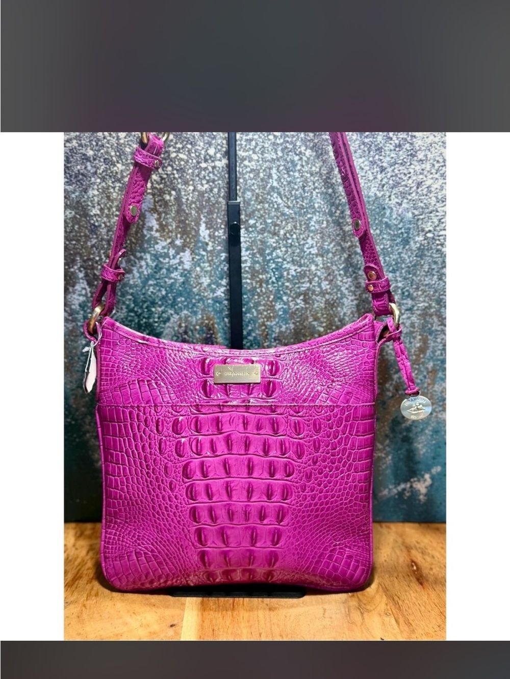 Brahmin Bright Fuchsia Croc-Embossed Leather Crossbody